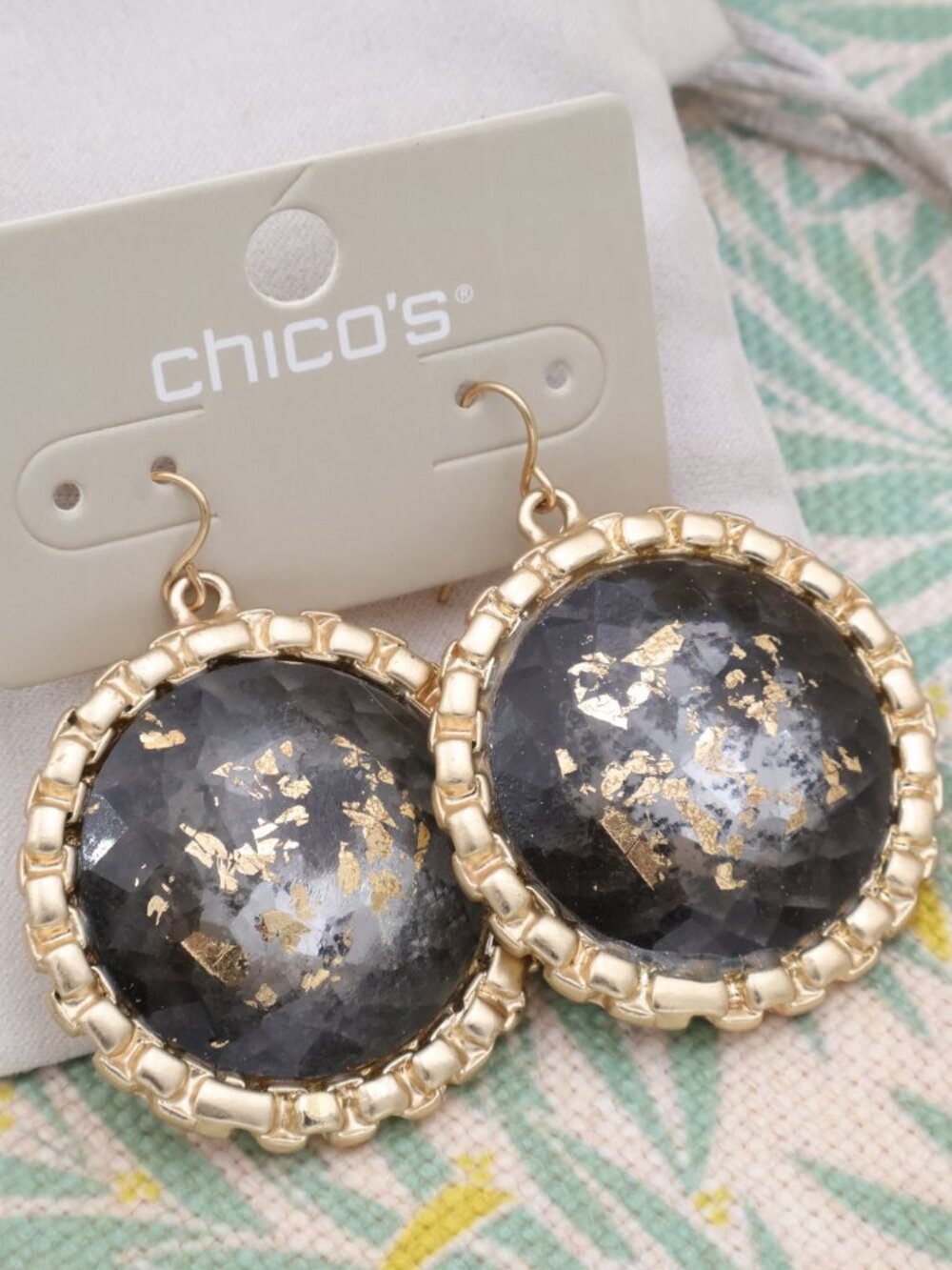 Chico's Black Faceted Gold Foil Round Dangle Earrings